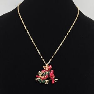 Chain Necklace With Red Cardinal Charm Brooch #910